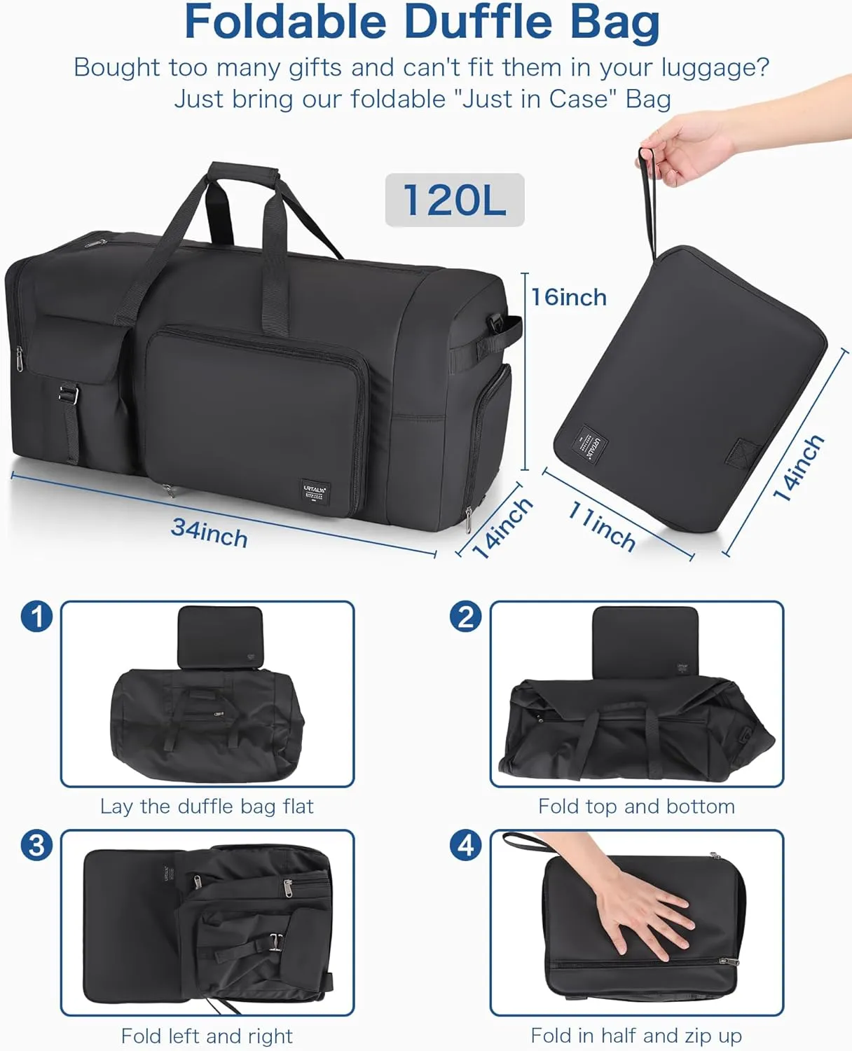 120L Travel Duffle Bag for Men and Women, Urtala 34?? Large Duffle Bag for Traveling with Shoes Compartment, Foldable Travel Duffel Bags, Waterproof and Tear Resistant