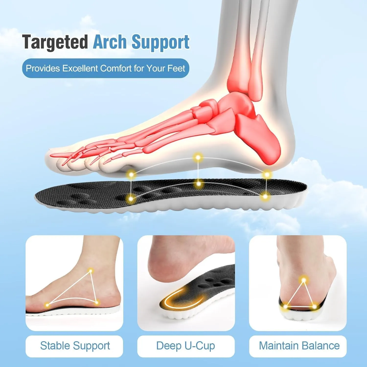 4D Cloud-Like Comfort Soles for Men - Soft Memory Foam Cushioning Insoles - Trim to Fit Steppers Insoles with Arch Support for Foot Pain Relief and Fatigue Reduction (Black, US M 9-12.5)