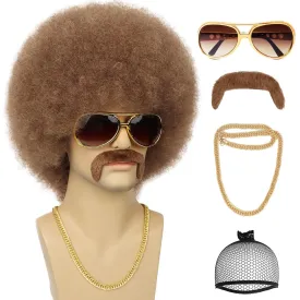 70S Men??s Afro Wig for Disco Party, 5pcs Set (Glasses  Necklace  Mustache  Wig Cap) Brown Afro Curly Hippie Rocker Wigs for 70S 80S Costume Halloween Cosplay Use