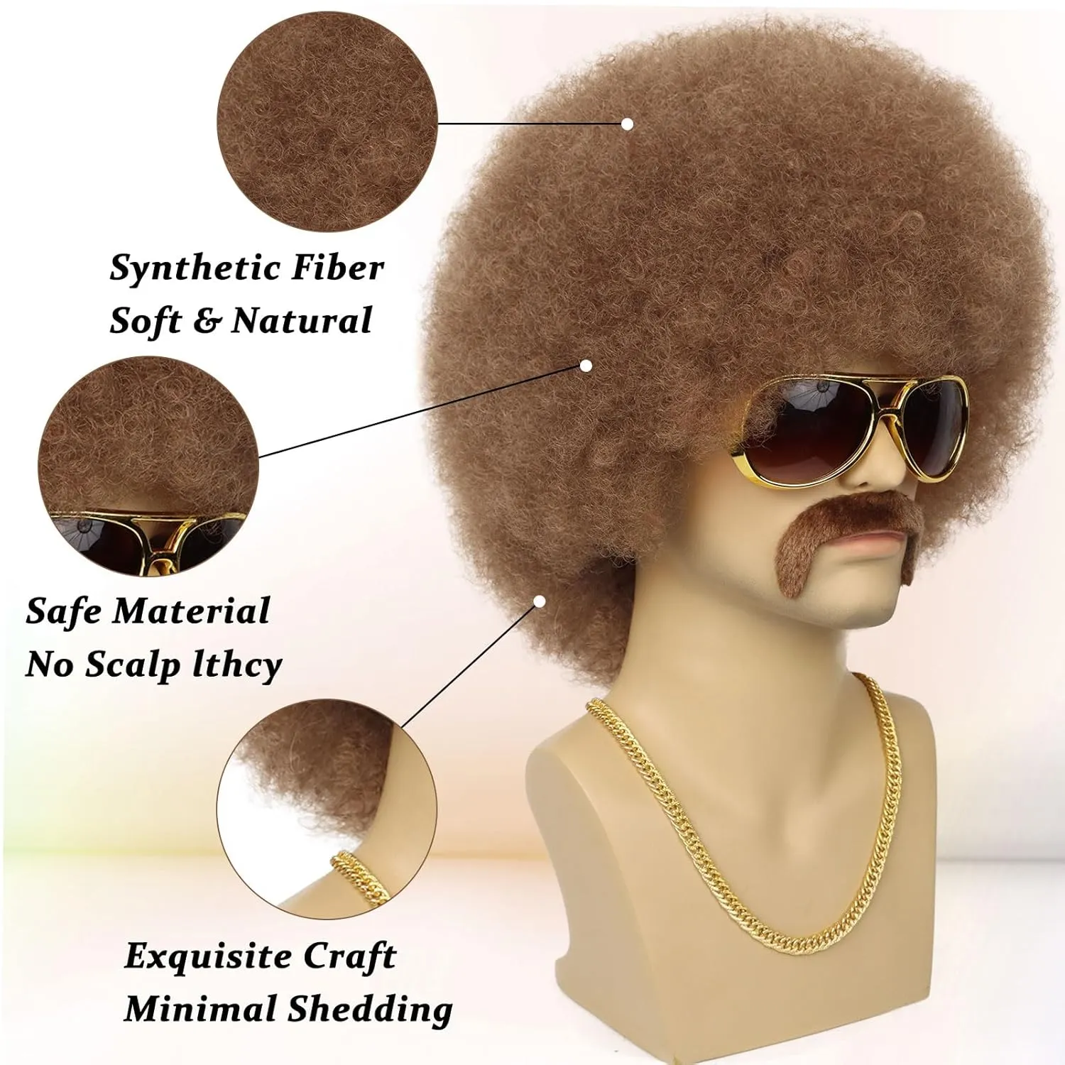 70S Men??s Afro Wig for Disco Party, 5pcs Set (Glasses  Necklace  Mustache  Wig Cap) Brown Afro Curly Hippie Rocker Wigs for 70S 80S Costume Halloween Cosplay Use