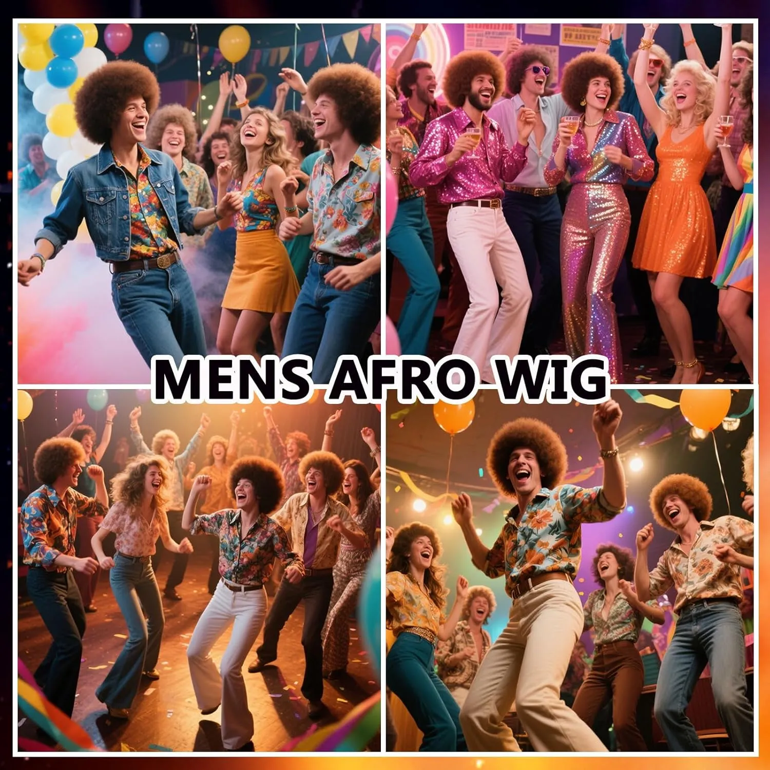 70S Men??s Afro Wig for Disco Party, 5pcs Set (Glasses  Necklace  Mustache  Wig Cap) Brown Afro Curly Hippie Rocker Wigs for 70S 80S Costume Halloween Cosplay Use