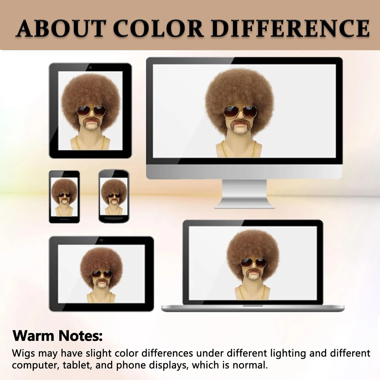 70S Men??s Afro Wig for Disco Party, 5pcs Set (Glasses  Necklace  Mustache  Wig Cap) Brown Afro Curly Hippie Rocker Wigs for 70S 80S Costume Halloween Cosplay Use