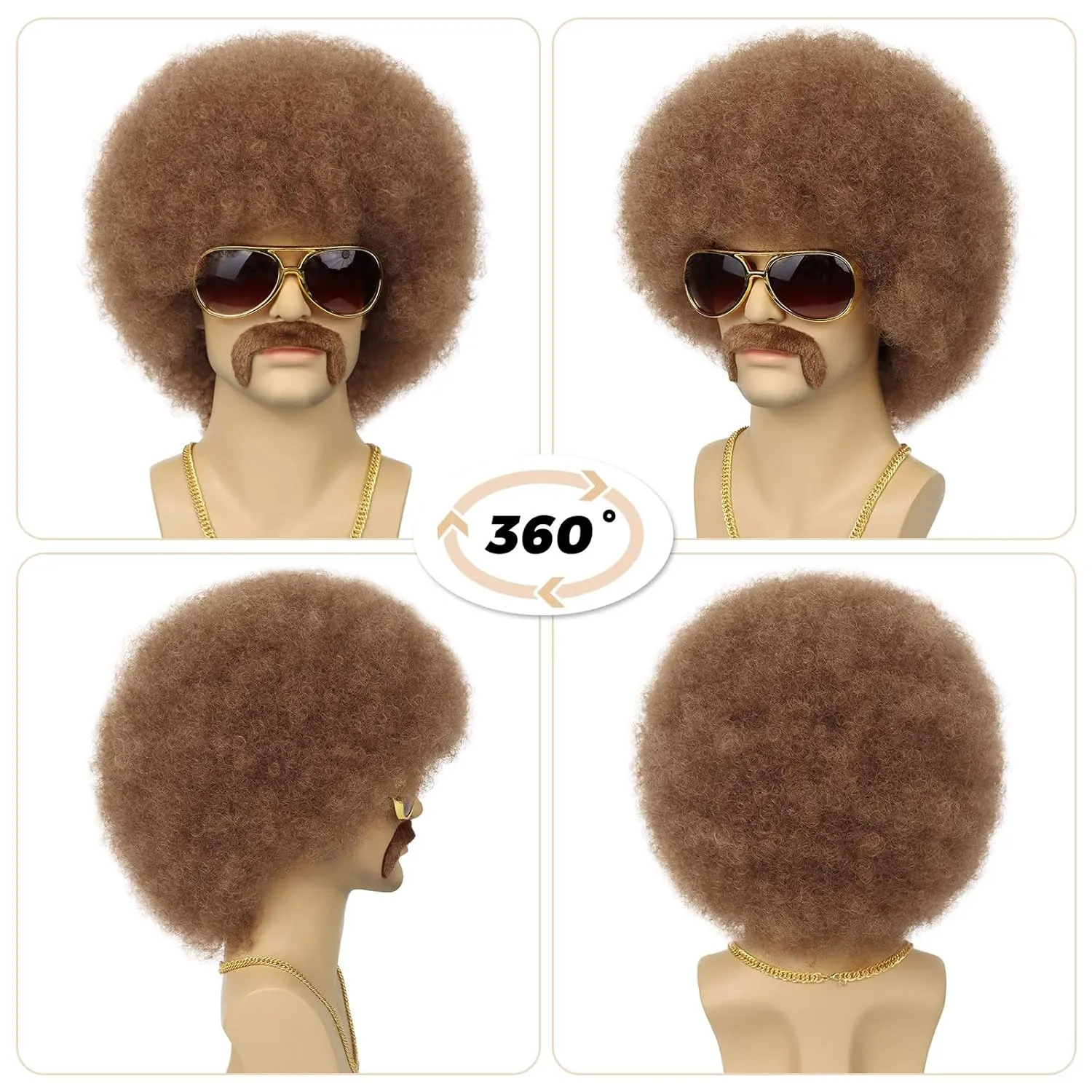 70S Men??s Afro Wig for Disco Party, 5pcs Set (Glasses  Necklace  Mustache  Wig Cap) Brown Afro Curly Hippie Rocker Wigs for 70S 80S Costume Halloween Cosplay Use