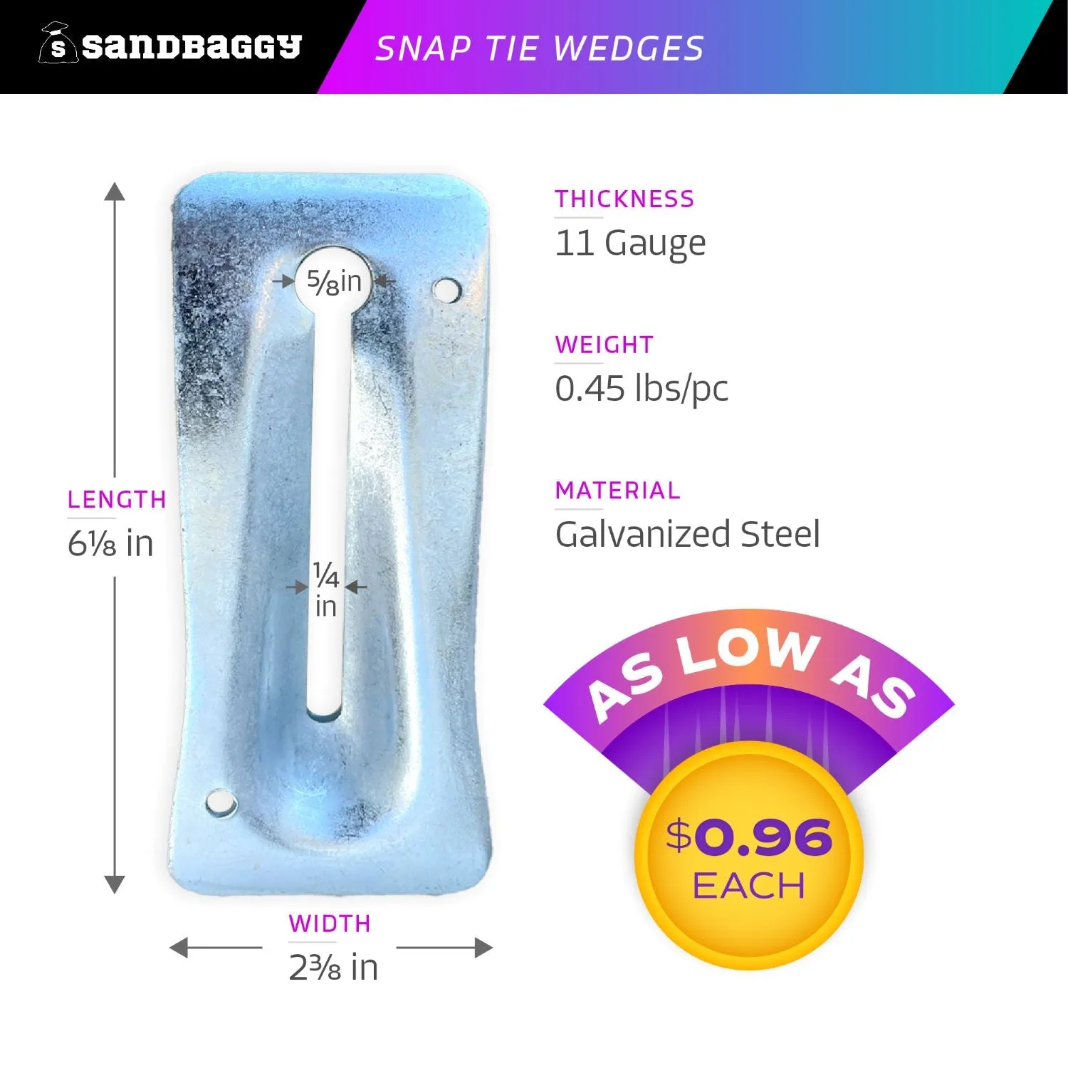 Galvanized Steel Snap Tie Wedges for Concrete (2 ⅜" x 6 ⅛")