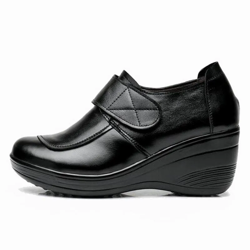 Genuine Leather Casual Slip-On High Heels Round Toe Wedges Women Shoe