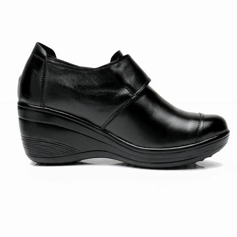 Genuine Leather Casual Slip-On High Heels Round Toe Wedges Women Shoe