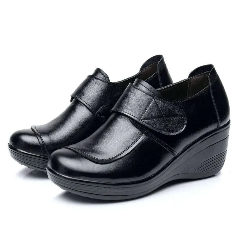 Genuine Leather Casual Slip-On High Heels Round Toe Wedges Women Shoe