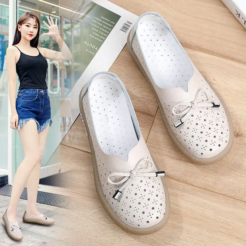 Genuine Leather Hollow Out Solid Soft Ballet Flats Summer Women's Slip On Loafers