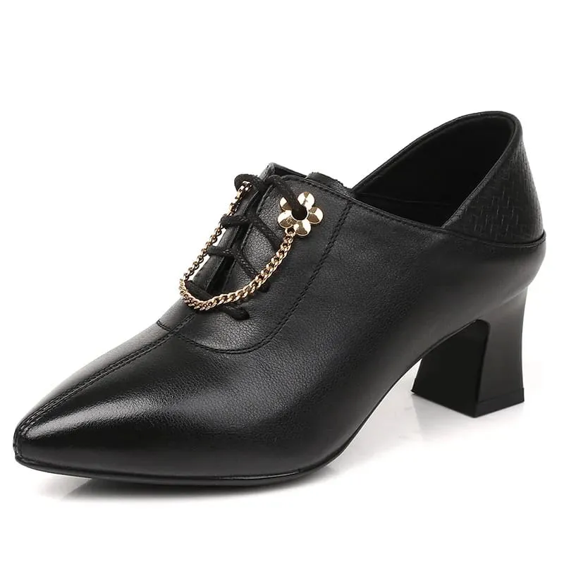 Genuine Leather Thick High Heel Lace Up Ladies Shoes