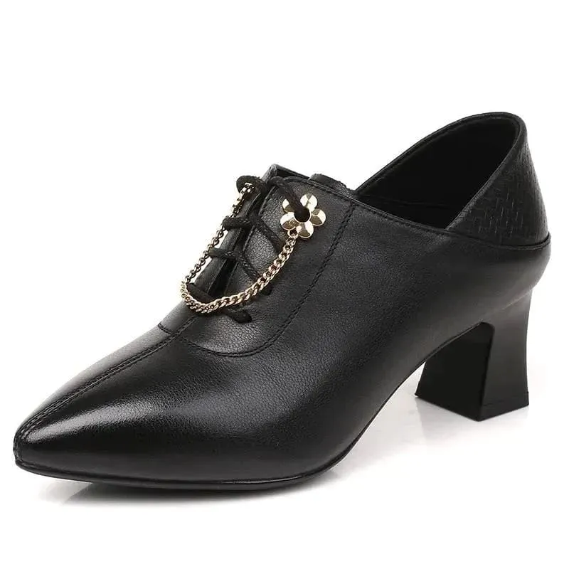 Genuine Leather Thick High Heel Lace Up Ladies Shoes