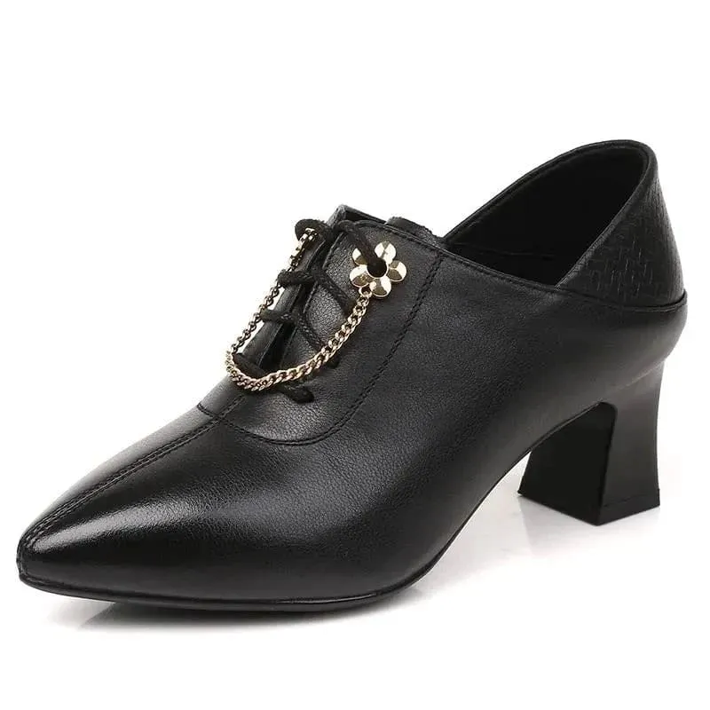 Genuine Leather Thick High Heel Lace Up Ladies Shoes