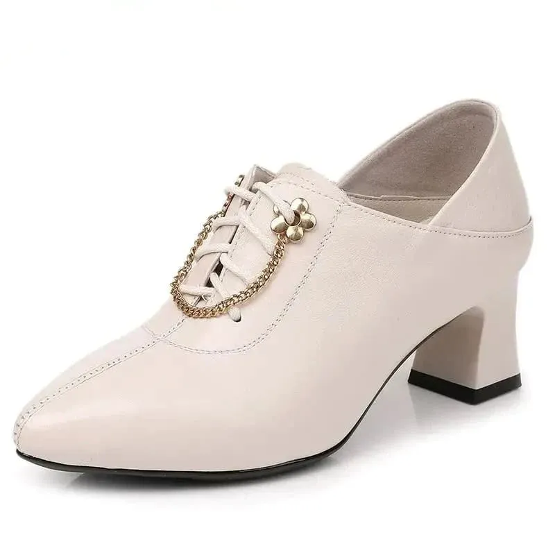 Genuine Leather Thick High Heel Lace Up Ladies Shoes