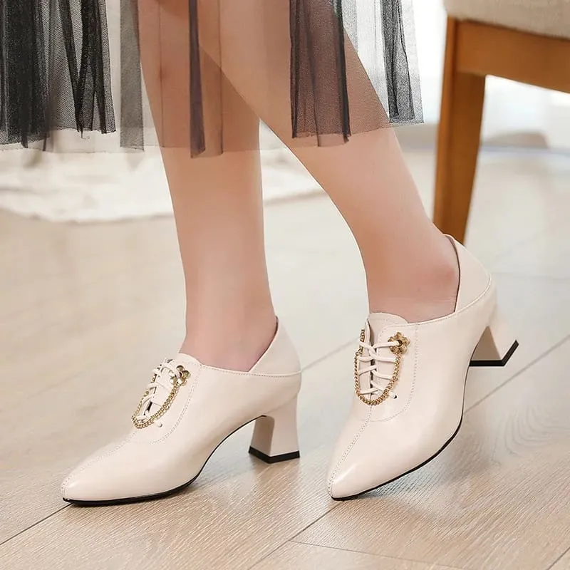 Genuine Leather Thick High Heel Lace Up Ladies Shoes