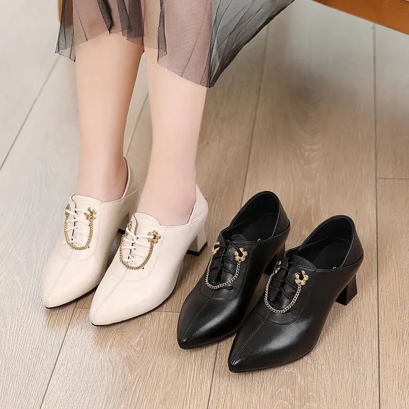 Genuine Leather Thick High Heel Lace Up Ladies Shoes