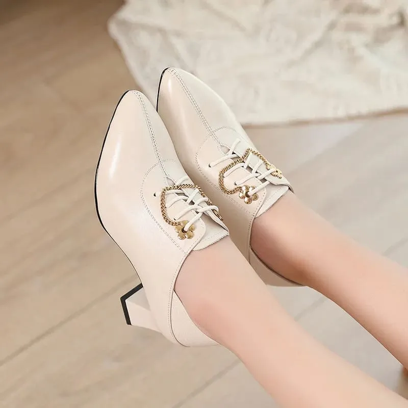 Genuine Leather Thick High Heel Lace Up Ladies Shoes