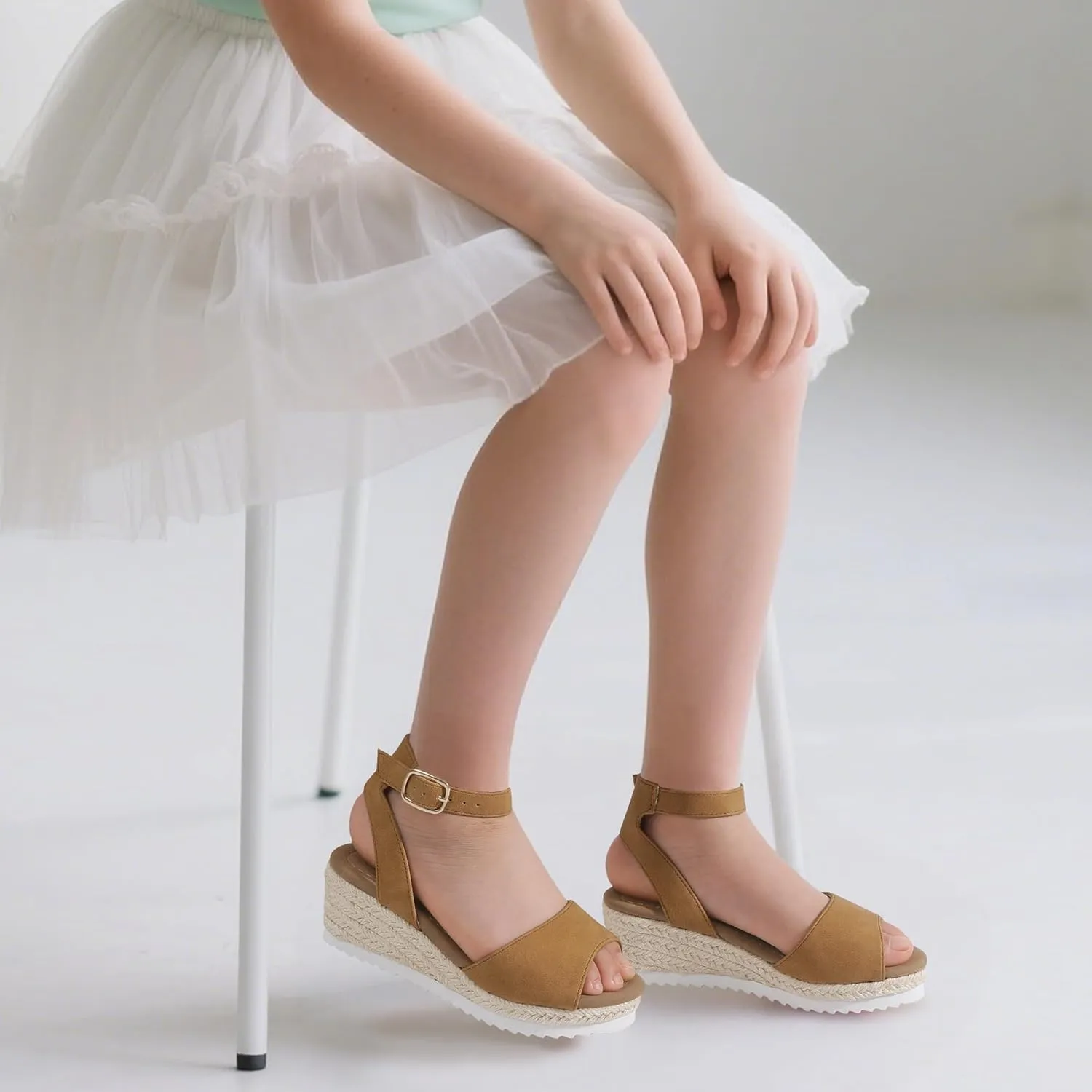 PANDANINJIA Girls Wedge Sandals Espadrilles Platform Heels for Girls Dress Shoes Ankle Strap Little Big Kids Sandals Summer Shoes