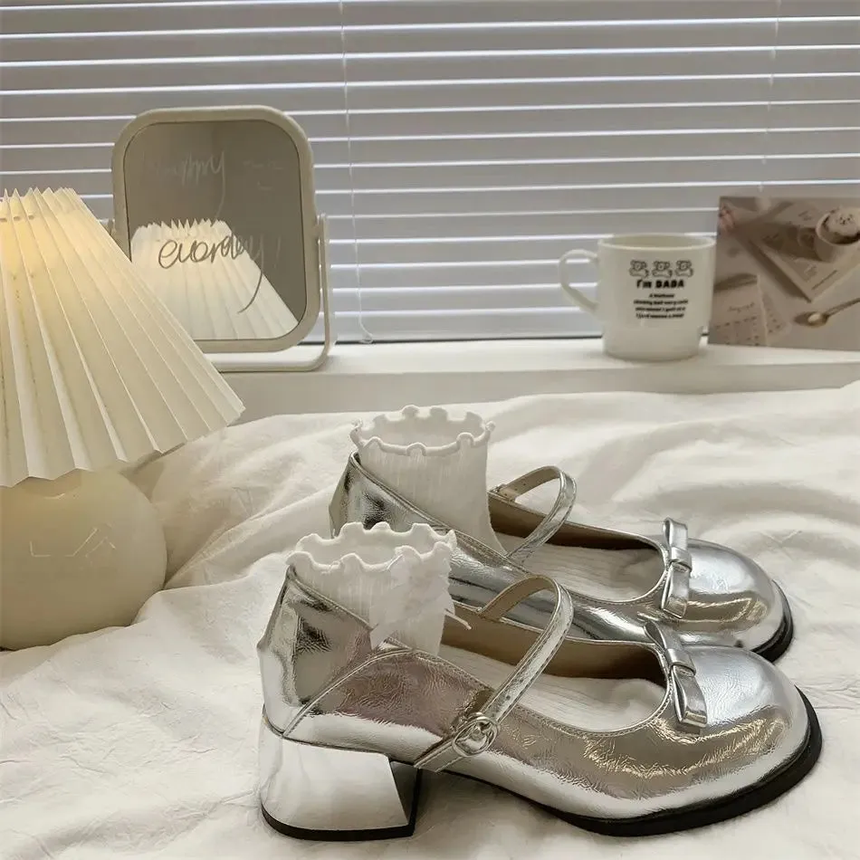 Sohiwoo Platform Heels Mary Jane Leather Shoe Silver Women's Shoes JK Lolita Platform Heels Shoes with Bow Shoes Woman