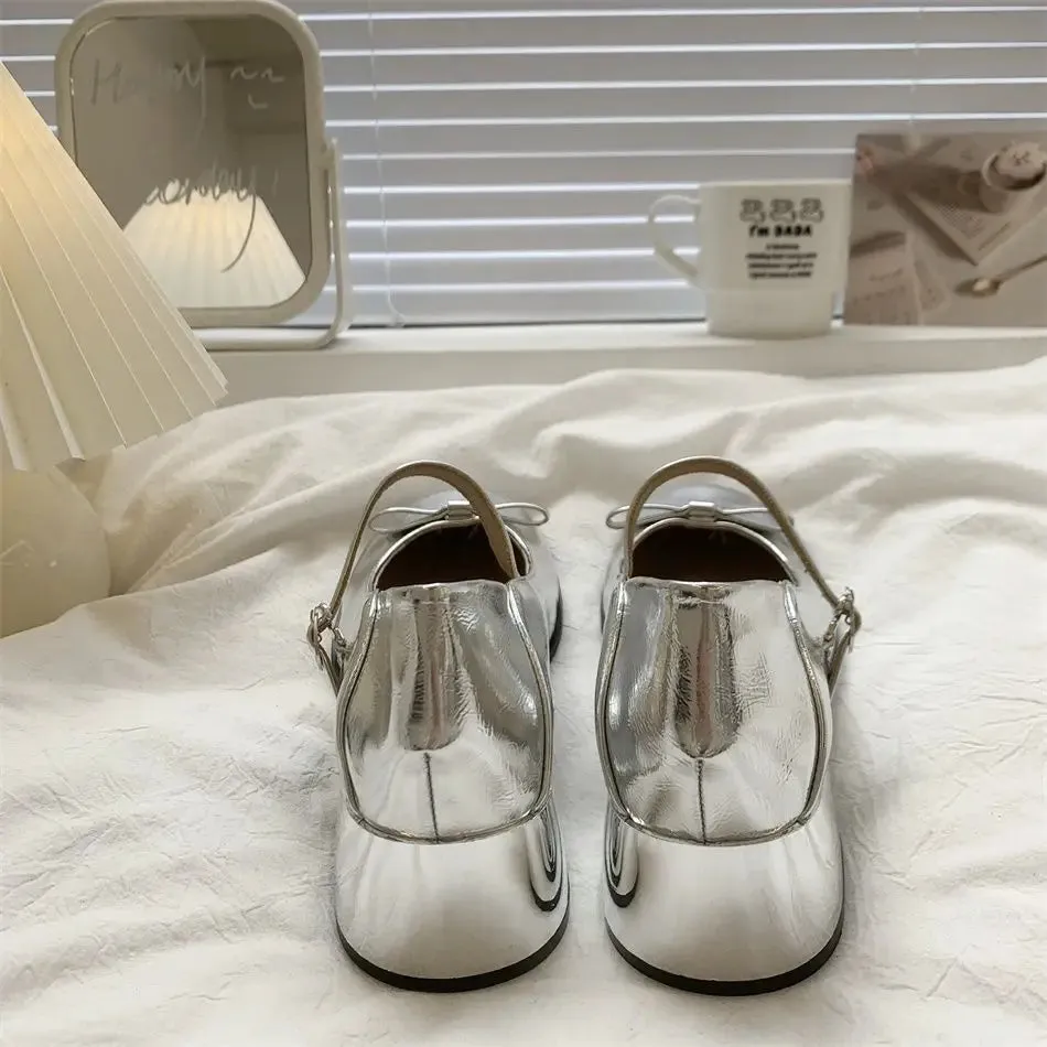 Sohiwoo Platform Heels Mary Jane Leather Shoe Silver Women's Shoes JK Lolita Platform Heels Shoes with Bow Shoes Woman