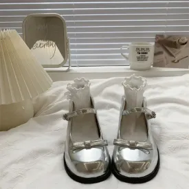 Sohiwoo Platform Heels Mary Jane Leather Shoe Silver Women's Shoes JK Lolita Platform Heels Shoes with Bow Shoes Woman