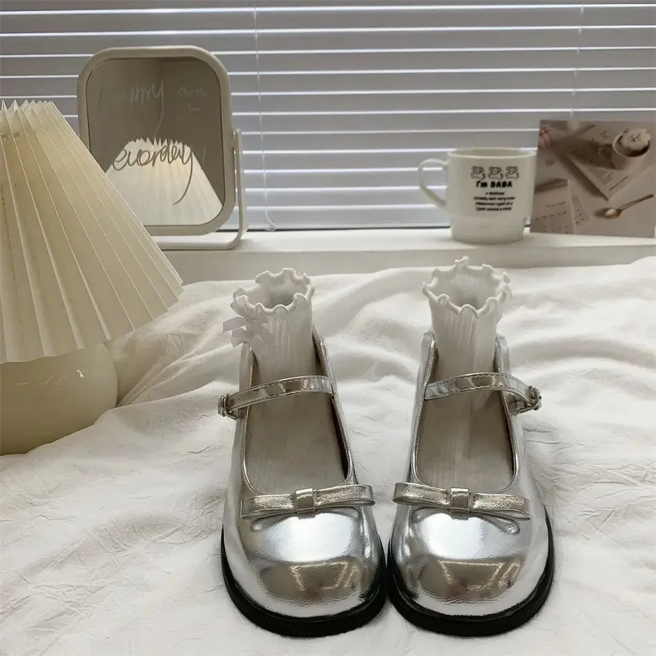 Sohiwoo Platform Heels Mary Jane Leather Shoe Silver Women's Shoes JK Lolita Platform Heels Shoes with Bow Shoes Woman