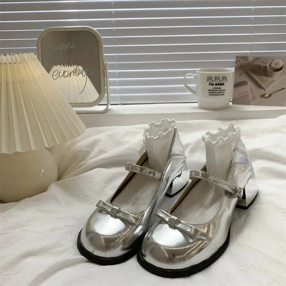 Sohiwoo Platform Heels Mary Jane Leather Shoe Silver Women's Shoes JK Lolita Platform Heels Shoes with Bow Shoes Woman