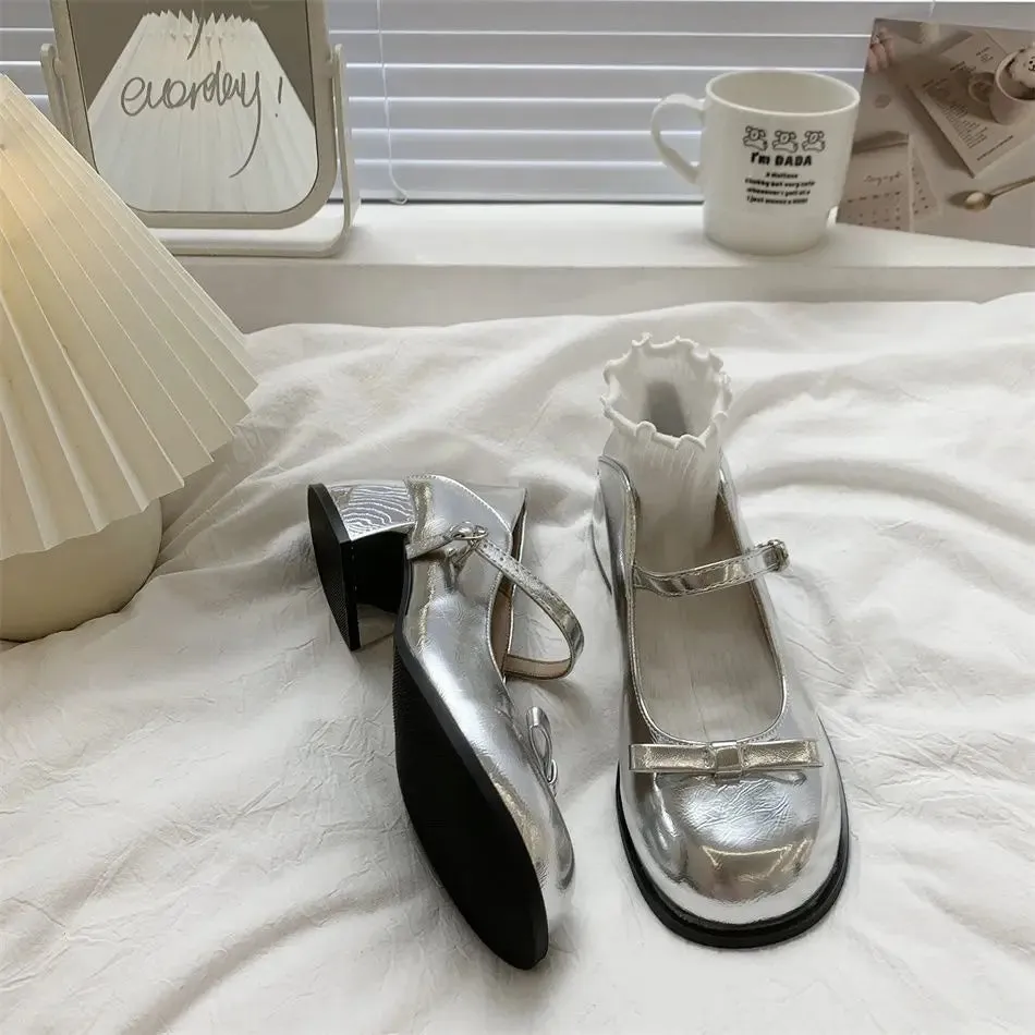 Sohiwoo Platform Heels Mary Jane Leather Shoe Silver Women's Shoes JK Lolita Platform Heels Shoes with Bow Shoes Woman