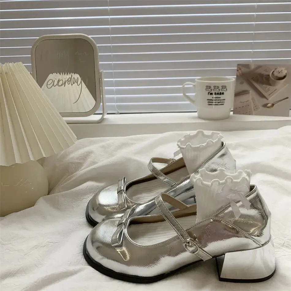 Sohiwoo Platform Heels Mary Jane Leather Shoe Silver Women's Shoes JK Lolita Platform Heels Shoes with Bow Shoes Woman